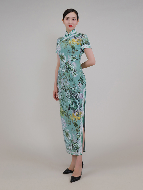 Light green printed cheongsam