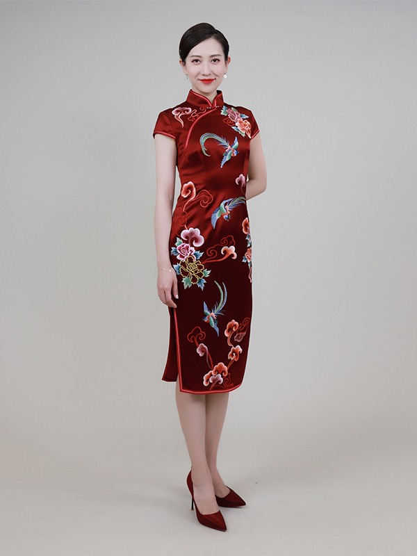 Deep red embroidered cheongsam