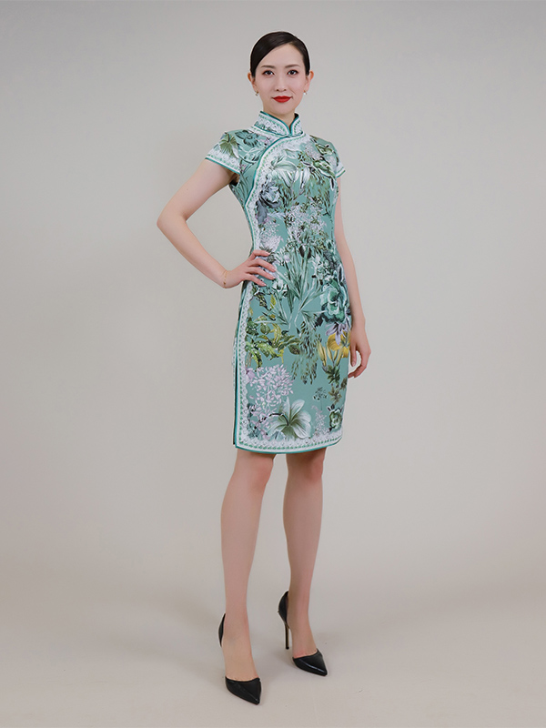 Green printed short cheongsam