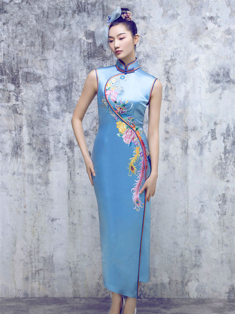 Lake blue embroidered cheongsam