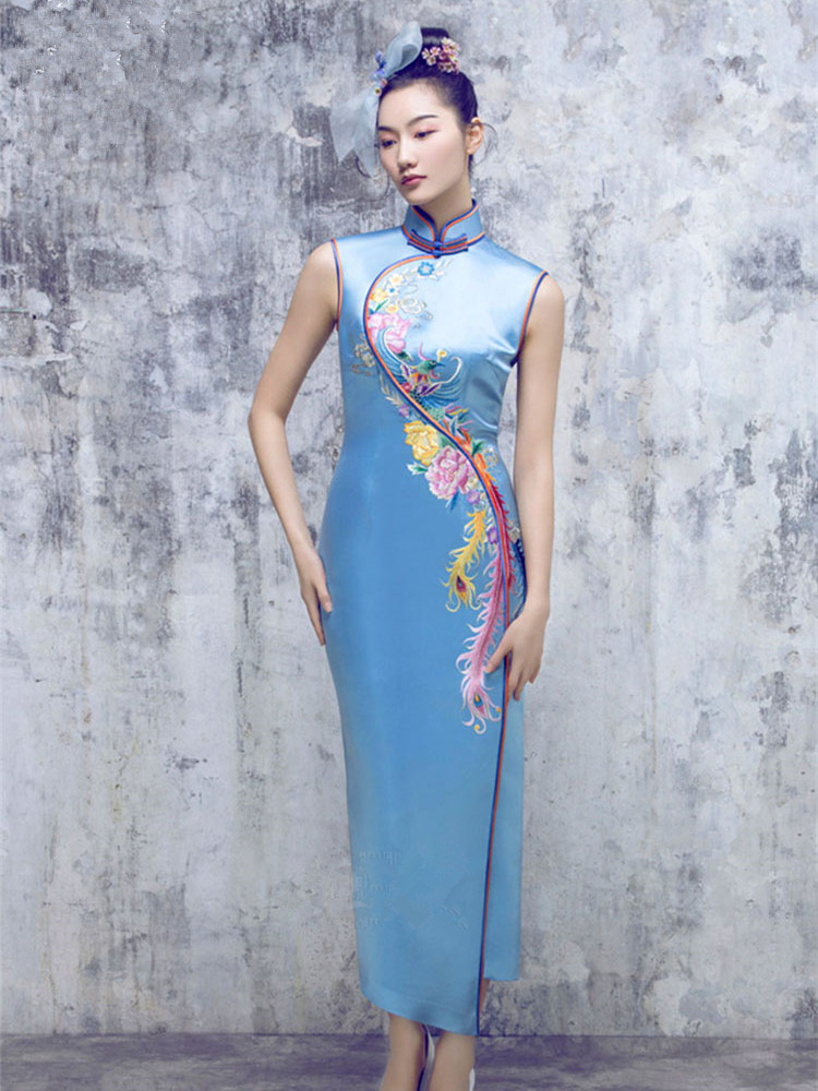 Lake blue embroidered cheongsam