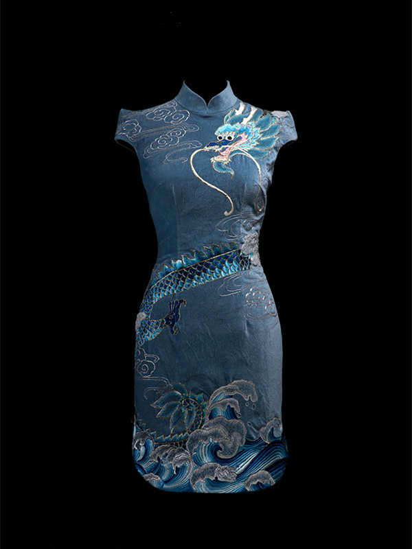 Blue embroidered cheongsam