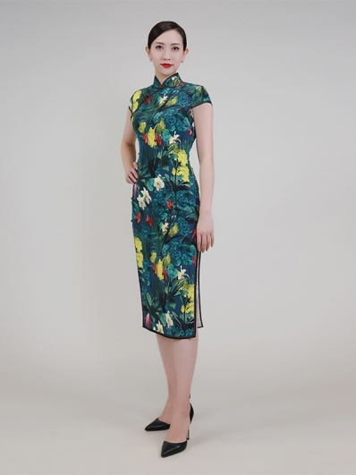 Printed high-end short sleeve cheongsam