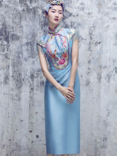 Lake blue tassel embroidered cheongsam